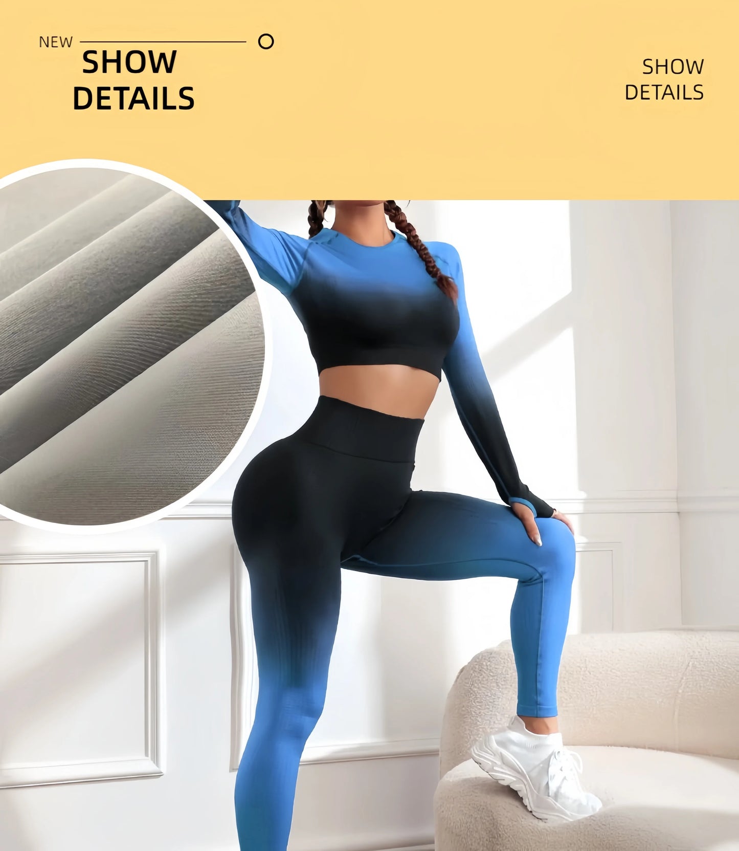 Yoga Fashion Gradient Set Women's 2-piece Seamless Training Clothes, Long sleeved Top and Slim Fit Tights, Suitable for Running